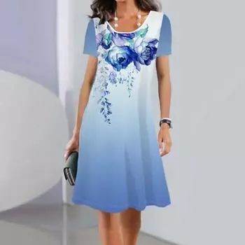 Женское летнее платье с цветочным принтом и короткими рукавами, контрастное градиентное платье трапециевидной формы, свободное с круглым вырезом длиной до колена, мягкое дышащее женское платье миди 2XL фиолетовый