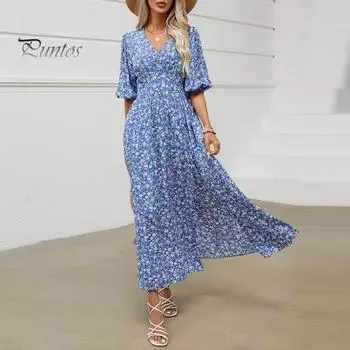 Женское летнее платье с цветочным принтом, V-образный вырез, декор на пуговицах, половина рукава, разрез до середины икры, богемный пляжный стиль, трапециевидная форма, узкая высокая талия, леди миди XL королевский синий