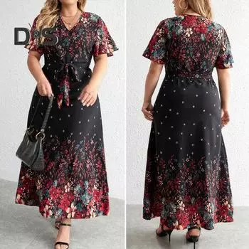 Женское летнее платье с цветочным принтом, коротким рукавом, А-силуэта, со шнуровкой, поясом, обтягивающей талией, большого размера, длиной до щиколотки, с V-образным вырезом, для выпускного вечера, женское макси-платье 3XL чёрный