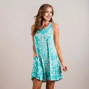 Женское летнее платье с цветочным принтом без рукавов и круглым вырезом, свободное трапециевидное мягкое дышащее платье длиной выше колена, повседневное пляжное мини-платье 3XL зелёный