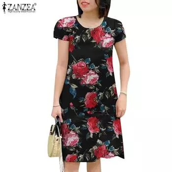 Женское летнее платье с цветочным принтом ZANZEA с круглым вырезом и короткими рукавами 2XL белый
