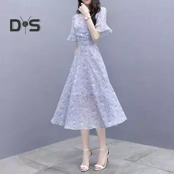 Женское летнее платье с цветочным принтом, оборками, свободным подолом, А-силуэтом, поясом на шнуровке, длиной до середины икры, круглым вырезом, облегающим, с высокой талией, короткими рукавами, женское платье миди L синий