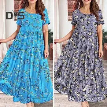 Женское летнее платье с цветочным принтом А-силуэта, свободный подол, плиссировка, короткий рукав, длина до щиколотки, женское пляжное платье макси для отдыха XL темно-синий