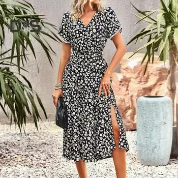 Женское летнее платье с цветочным принтом трапециевидной формы, свободный подол, лоскутное платье с короткими рукавами, нерегулярное платье с короткими рукавами и разрезом на шнуровке, женское платье-миди с высокой талией L зелёный