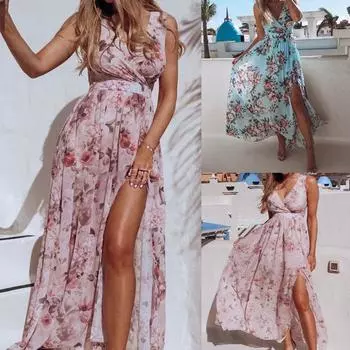 Женское летнее платье с цветочным принтом, женский сарафан с V-образным вырезом и разрезом для отдыха на пляже S синий