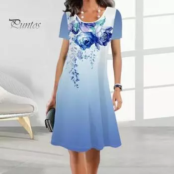 Женское летнее платье с цветочным принтом и короткими рукавами, контрастное градиентное платье трапециевидной формы, свободное с круглым вырезом длиной до колена, мягкое дышащее женское платье миди 2XL синий
