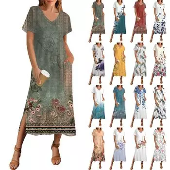 Женское летнее платье с цветочным принтом, пляжное платье с коротким рукавом и карманом, повседневное платье с V-образным вырезом и боковыми разрезами XXL