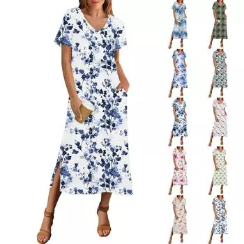 Женское летнее платье с цветочным принтом, пляжное платье с коротким рукавом и карманами, повседневное платье с V-образным вырезом и разрезом сбоку M