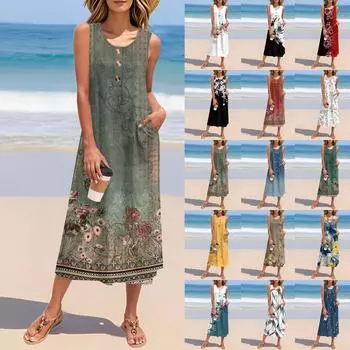 Женское летнее платье с цветочным принтом без рукавов на пуговицах, повседневный свободный длинный пляжный сарафан XXL синий