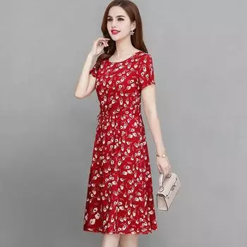 Женское летнее платье с цветочным принтом в стиле бохо с короткими рукавами и круглым вырезом, струящееся пляжное платье-сарафан А-силуэта с завязками на талии 2XL синий