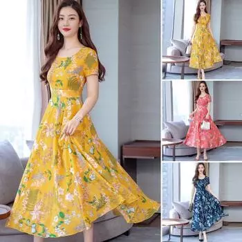 Женское летнее платье с цветочным принтом, пляжное платье длиной до середины икры с узкой талией, короткими рукавами, круглым вырезом, платье А-силуэта для вечеринки в отпуске L жёлтый