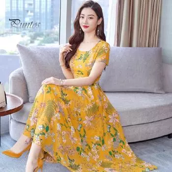 Женское летнее платье с цветочным принтом, пляжное платье длиной до середины икры с узкой талией, короткими рукавами, круглым вырезом, платье А-силуэта для вечеринки в отпуске M синий