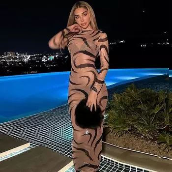 Женское летнее платье с длинным рукавом и клубным принтом, прозрачное облегающее платье макси S темно-коричневого