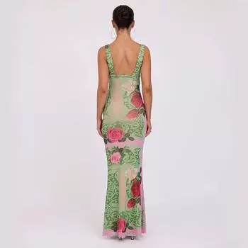 Женское летнее платье с длинным рукавом и клубным принтом, прозрачное облегающее платье макси L