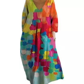 Женское летнее платье с длинными рукавами и круглым вырезом, картина маслом, принт, яркий цвет, глубокий V-образный вырез, свободный L оранжевый