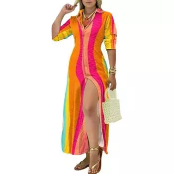 Женское летнее платье с длинными рукавами и лацканами, простая рубашка на пуговицах и принтом, длинное платье L чёрный