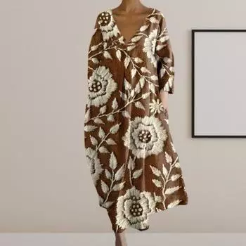 Женское летнее платье с длинными рукавами и круглым вырезом с принтом маслом Яркий цвет Глубокий V-образный вырез Свободное платье для отпуска Пляжное платье макси Ежедневное длинное платье 2XL разноцветный