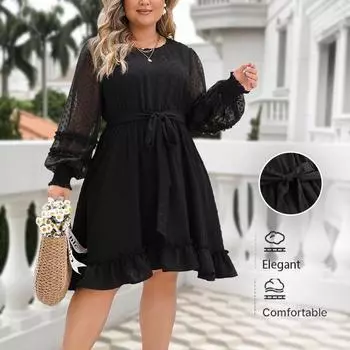 Женское летнее платье с длинными рукавами-фонариками, высокой талией, свободным круглым вырезом XL чёрный