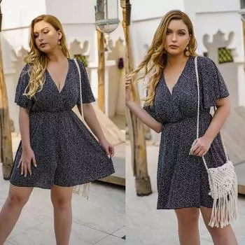 Женское летнее платье с глубоким v-образным вырезом и коротким рукавом с цветочным принтом, тонкое дышащее легкое платье с высокой талией, повседневное модное короткое платье больших размеров XL синий