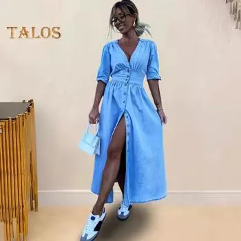 Женское летнее платье с глубоким V-образным вырезом, тонкой талией, плиссированной трапециевидной формы, большим подолом, высоким разрезом, на шнуровке, на манжетах, сплошное цветное джинсовое длинное платье, макси-платье для свиданий M светло-синий