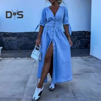 Женское летнее платье с глубоким V-образным вырезом, тонкой талией, плиссированной трапециевидной формы, большим подолом, высоким разрезом, на шнуровке, на манжетах, сплошное цветное джинсовое длинное платье, макси-платье для свиданий M светло-синий