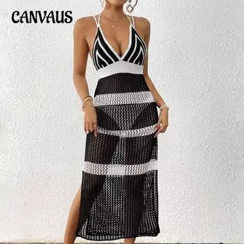 Женское летнее платье с глубоким V-образным вырезом, контрастным цветным пэчворком, облегающим фасоном и длинными пляжными бретельками S белый/чёрный