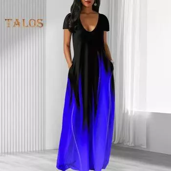 Женское летнее платье с глубоким вырезом и V-образным вырезом с коротким рукавом и контрастным градиентом цвета Свободные карманы длиной до пола Мягкое дышащее повседневное повседневное платье макси 2XL синий