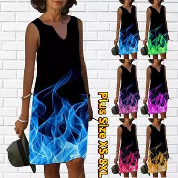 Женское летнее платье с голубым пламенным принтом и v-образным вырезом, повседневное модное платье без рукавов, повседневные свободные сексуальные платья размера плюс XS-8XL XS синий