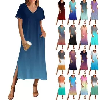 Женское летнее платье с градиентным принтом, пляжное платье с коротким рукавом и карманом, повседневное платье с V-образным вырезом и боковыми разрезами XXXL