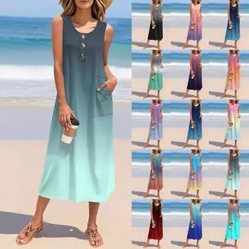 Женское летнее платье с градиентным принтом, без рукавов, на пуговицах, повседневное, свободное, длинное пляжное платье-сарафан XXL винный
