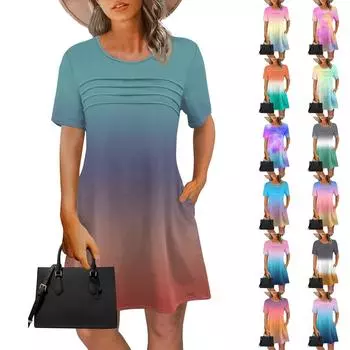 Женское летнее платье с градиентным принтом тай-дай, повседневное платье с короткими рукавами и круглыми карманами с завязками XL циан