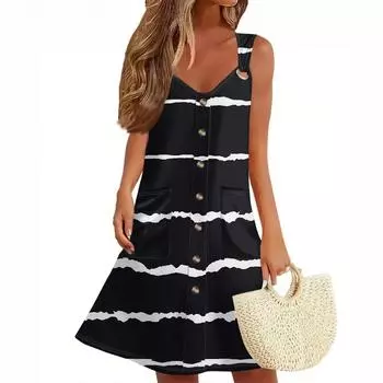 Женское летнее платье с карманом, без рукавов, сарафан с полосатым принтом L чёрный