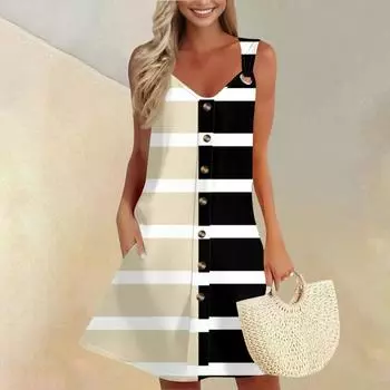 Женское летнее платье с карманом без рукавов весенний сарафан с полосатым принтом L бежевый