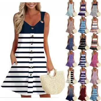 Женское летнее платье с карманом без рукавов весенний сарафан с полосатым принтом L