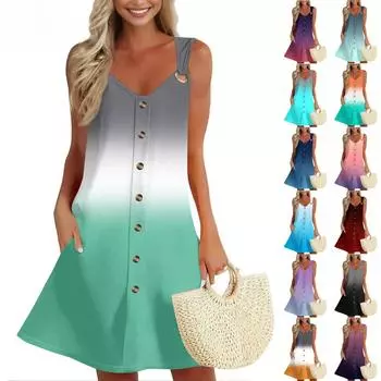 Женское летнее платье с карманом без рукавов весенний сарафан с градиентным принтом L