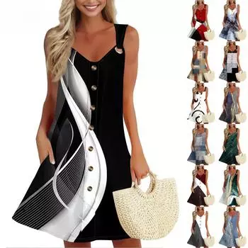 Женское летнее платье с карманом без рукавов сарафан с цветным блоком и принтом в стиле пэчворк L