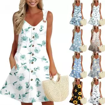 Женское летнее платье с карманом без рукавов сарафан с цветочным принтом L бежевый