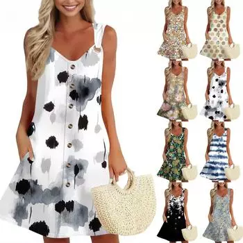 Женское летнее платье с карманом без рукавов сарафан с цветочным принтом M чёрный