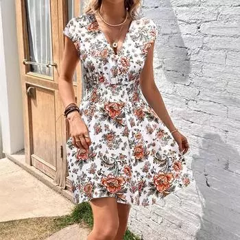Женское летнее платье с коротким рукавом, V-образным вырезом, цветочным принтом, для отдыха, пляжное, цельное XXL