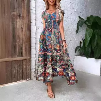 Женское летнее платье с коротким рукавом, V-образным вырезом, ретро-принтом, праздничное, пляжное, цельное XXL