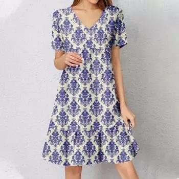 Женское летнее платье с коротким рукавом и V-образным вырезом, короткие платья, модное повседневное струящееся бохо-платье с оборками, А-силуэт, свободное платье-халат XL синий
