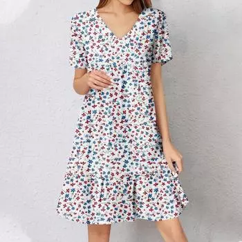 Женское летнее платье с коротким рукавом и V-образным вырезом, короткие платья, модное повседневное струящееся бохо-платье с оборками, А-силуэт, свободное платье-халат M