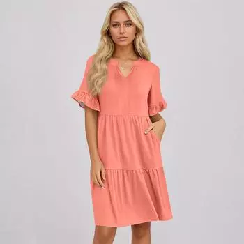 Женское летнее платье с коротким рукавом и V-образным вырезом, короткие платья, модное повседневное струящееся платье в стиле бохо с оборками и карманами M
