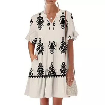 Женское летнее платье с коротким рукавом и V-образным вырезом, короткие платья, модное повседневное струящееся платье в стиле бохо с оборками и карманами L бежевый