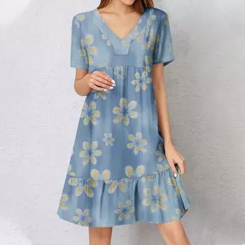 Женское летнее платье с коротким рукавом и V-образным вырезом, короткие платья, модное повседневное струящееся бохо-платье с оборками, А-силуэт, свободное платье-халат L синий