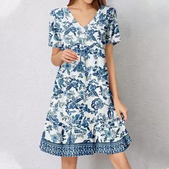 Женское летнее платье с коротким рукавом и V-образным вырезом, короткие платья, модное повседневное струящееся бохо-платье с оборками, А-силуэт, свободное платье-халат XL синий