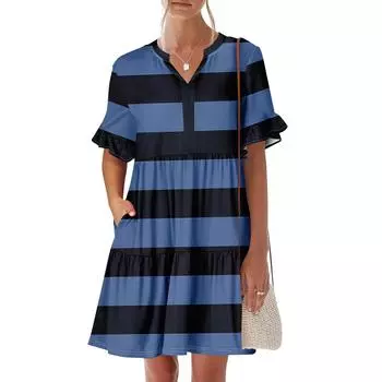 Женское летнее платье с коротким рукавом и V-образным вырезом, короткие платья, модное повседневное струящееся платье в стиле бохо с оборками и карманами S