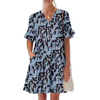 Женское летнее платье с коротким рукавом и V-образным вырезом, короткие платья, модное повседневное струящееся платье в стиле бохо с оборками и карманами XXL синий