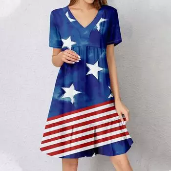 Женское летнее платье с коротким рукавом и V-образным вырезом, короткие платья, модное повседневное струящееся бохо-платье с оборками, А-силуэт, свободное платье-халат M