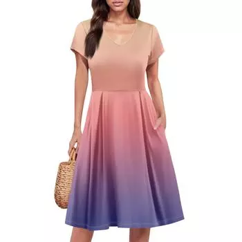 Женское летнее платье с коротким рукавом, V-образным вырезом, короткое, модное, повседневное, летящее, А-силуэта, платье-сарафан с карманом M